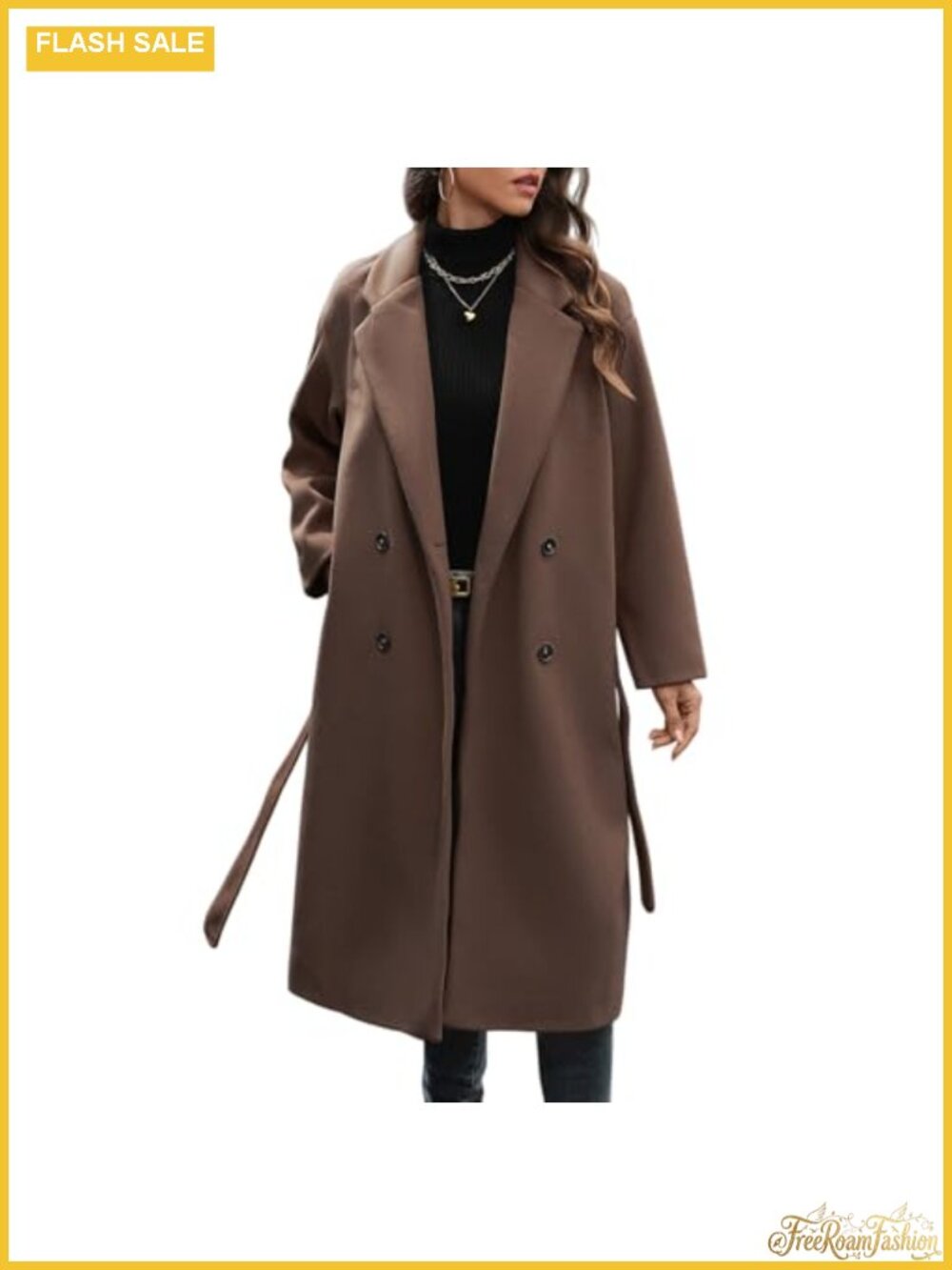 Women's Wool Blend Double Breasted Notch Lapel Long Trench Peacoat with Belt